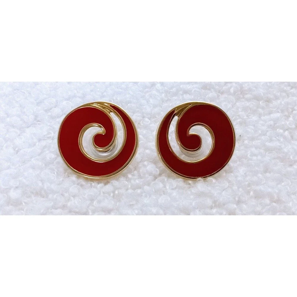 Vintage Monet Goldtone Red Enamel Swirl Post Earrings - Picture 6 of 8